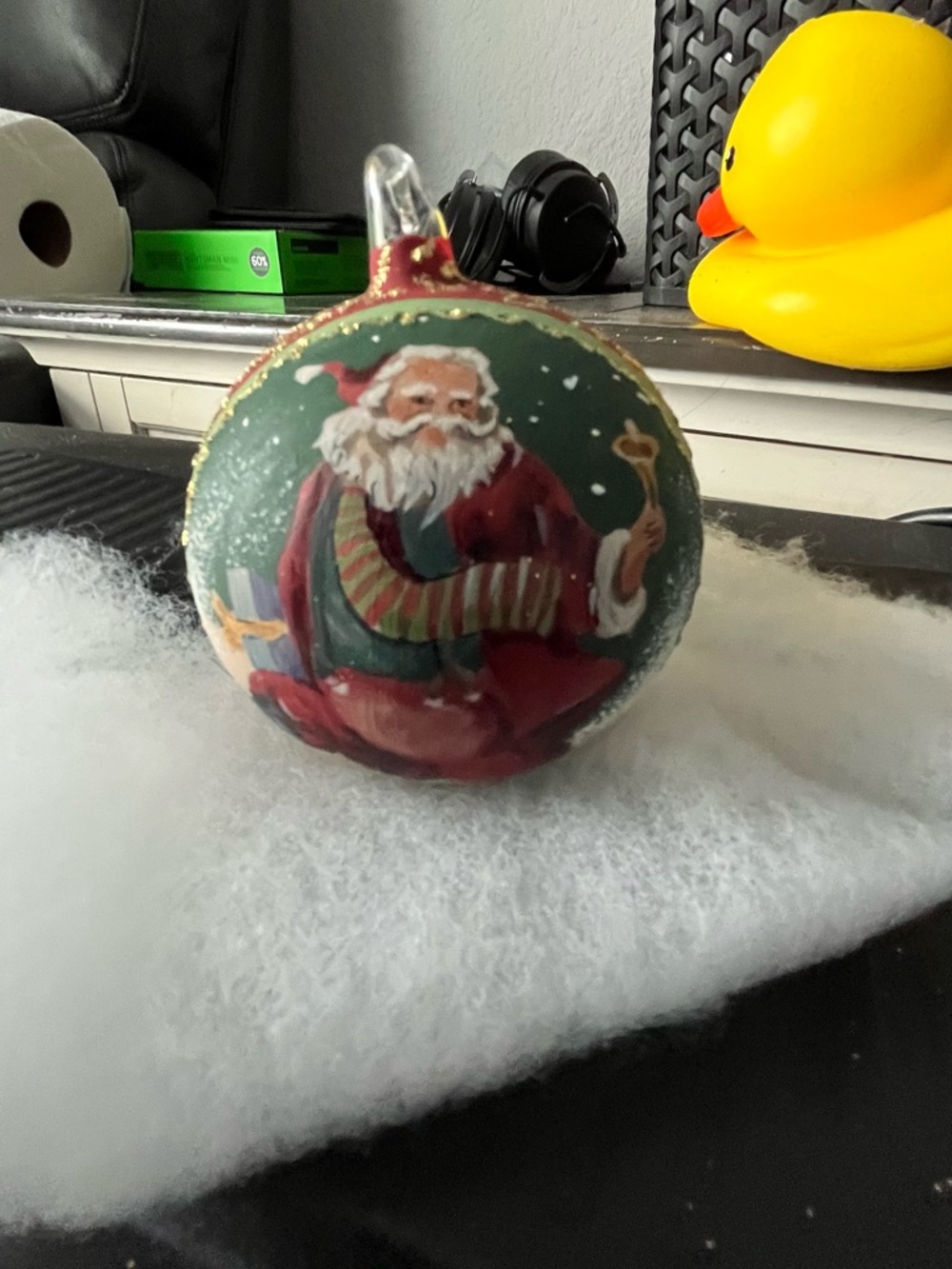 Hand-Painted Green Santa Glass Ornament - Holiday Home Accent